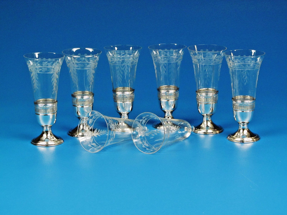 Set/6 Sterling Silver Base Champagne Flute, Crystal Insert With 2 Extra Crystal