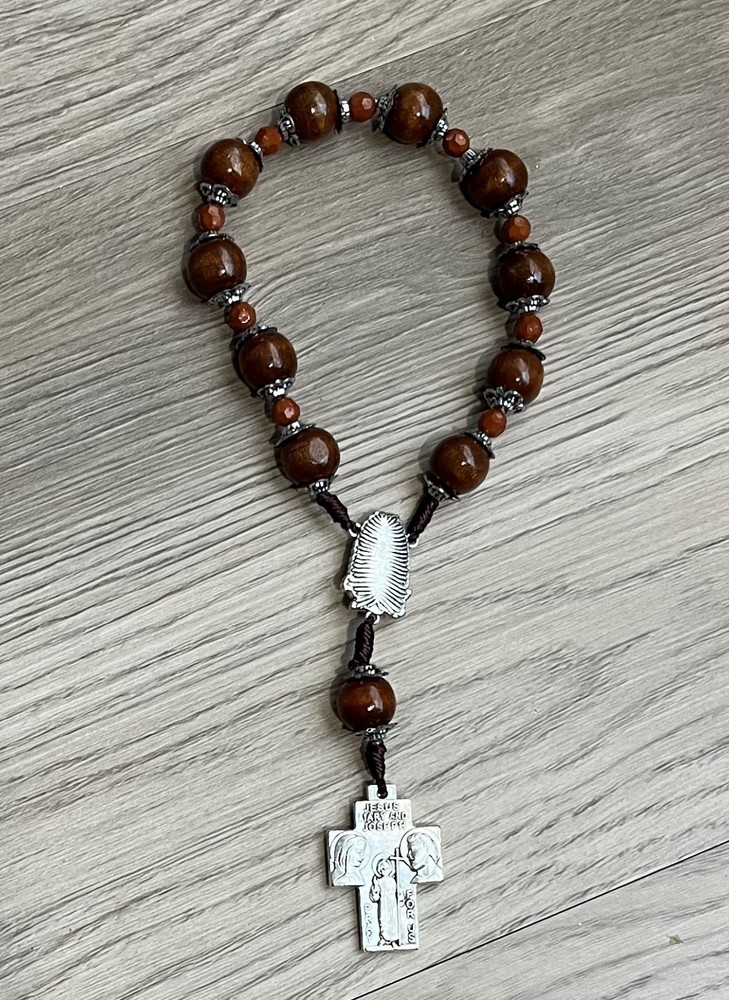 Virgin Guadalupe St Christopher Holy Family 1 Decade Rosary Wood Beads JMJ Cross