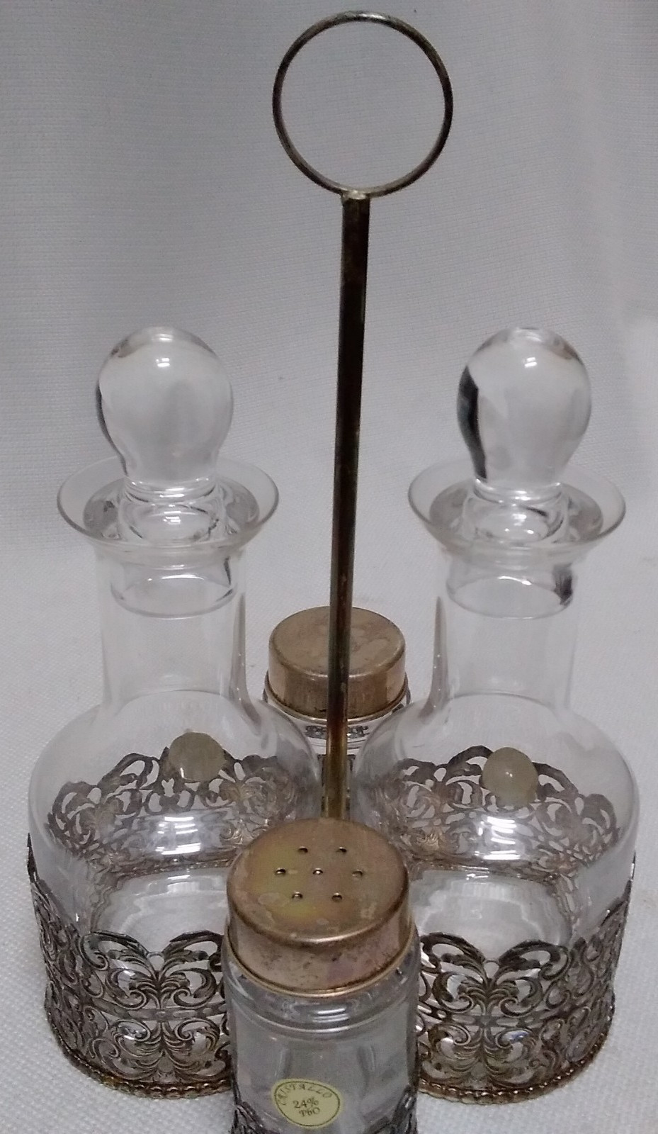 Italian 925 Cutout Sterling Silver and Fine Crystal Vessels Condiment Caddy