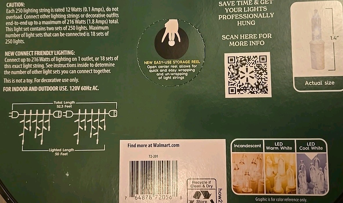 Holiday Time Christmas Lights 500 Cool White Icicle Lights LED White Wire 52.3'