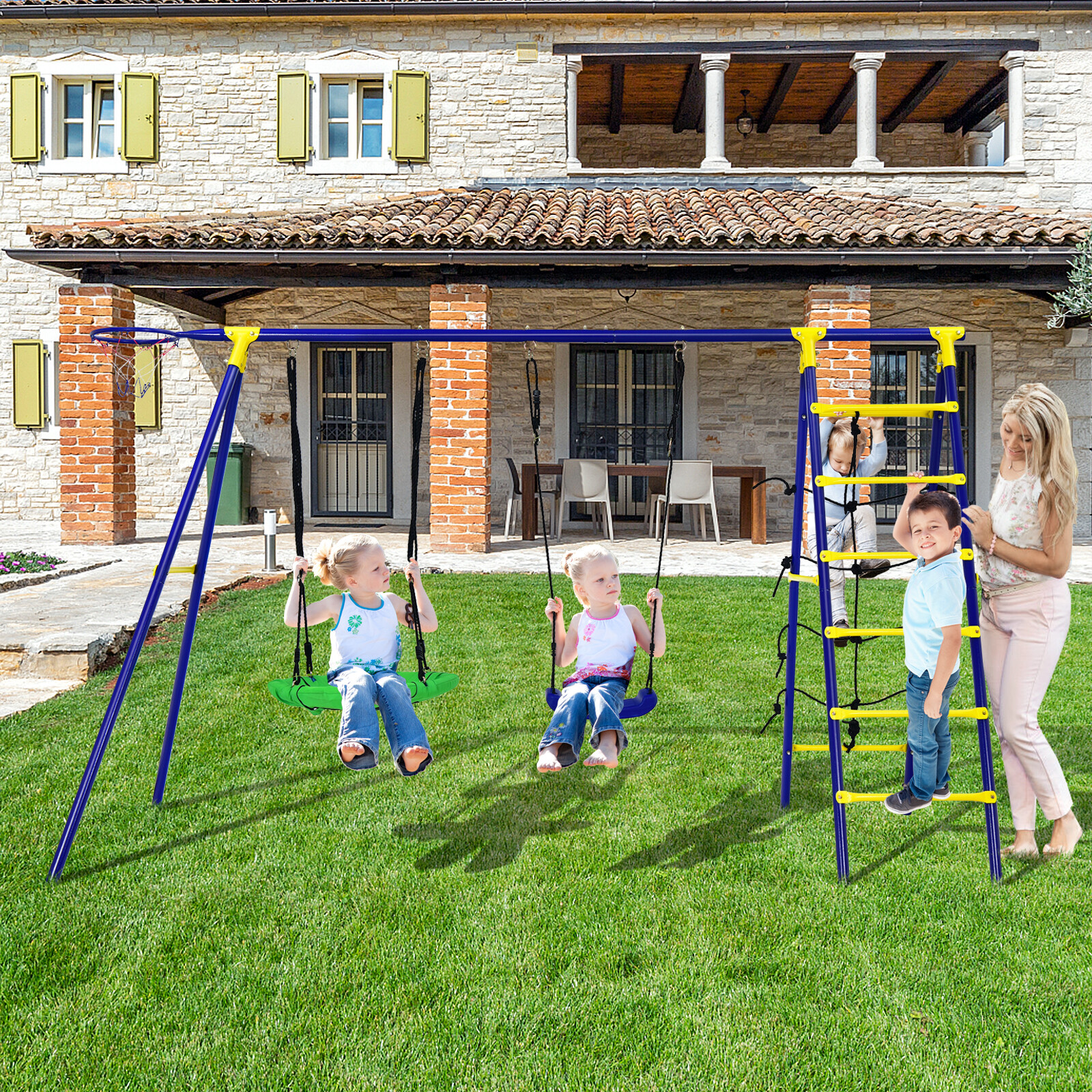 5-In-1 Outdoor Kids Swing Set W/ Heavy Duty Swing Frame & Ground Stakes Backyard