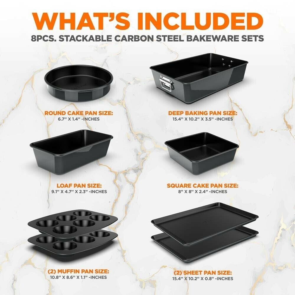 Nutrichef 8pcs. Stackable Carbon Steel Bakeware Sets - Non-Stick Coating (Black)