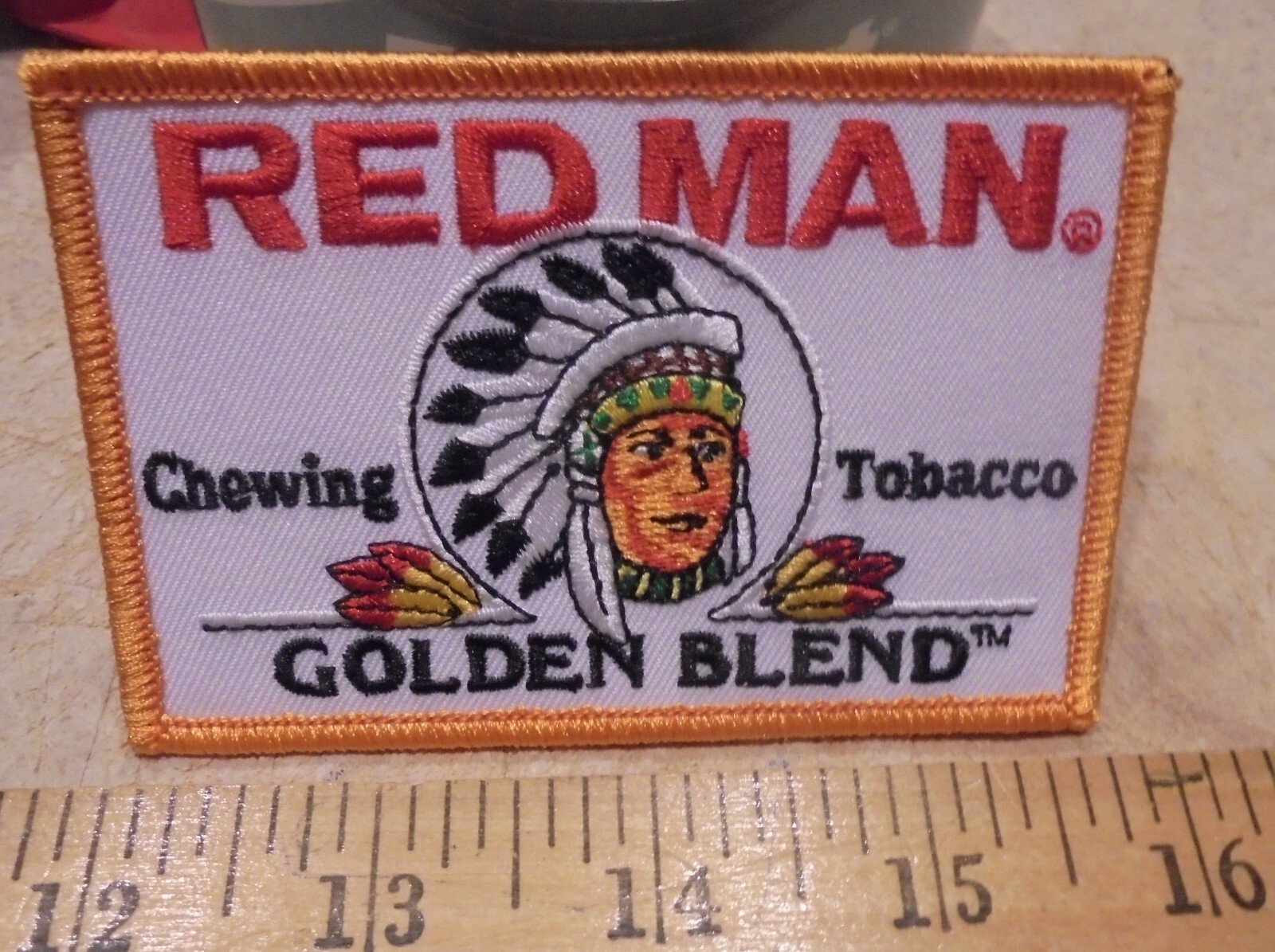 REDMAN GOLDEN BLEND CHEWING TOBACCO CLOTH IRON-ON PATCH 3 7/8 BY 2 .5"