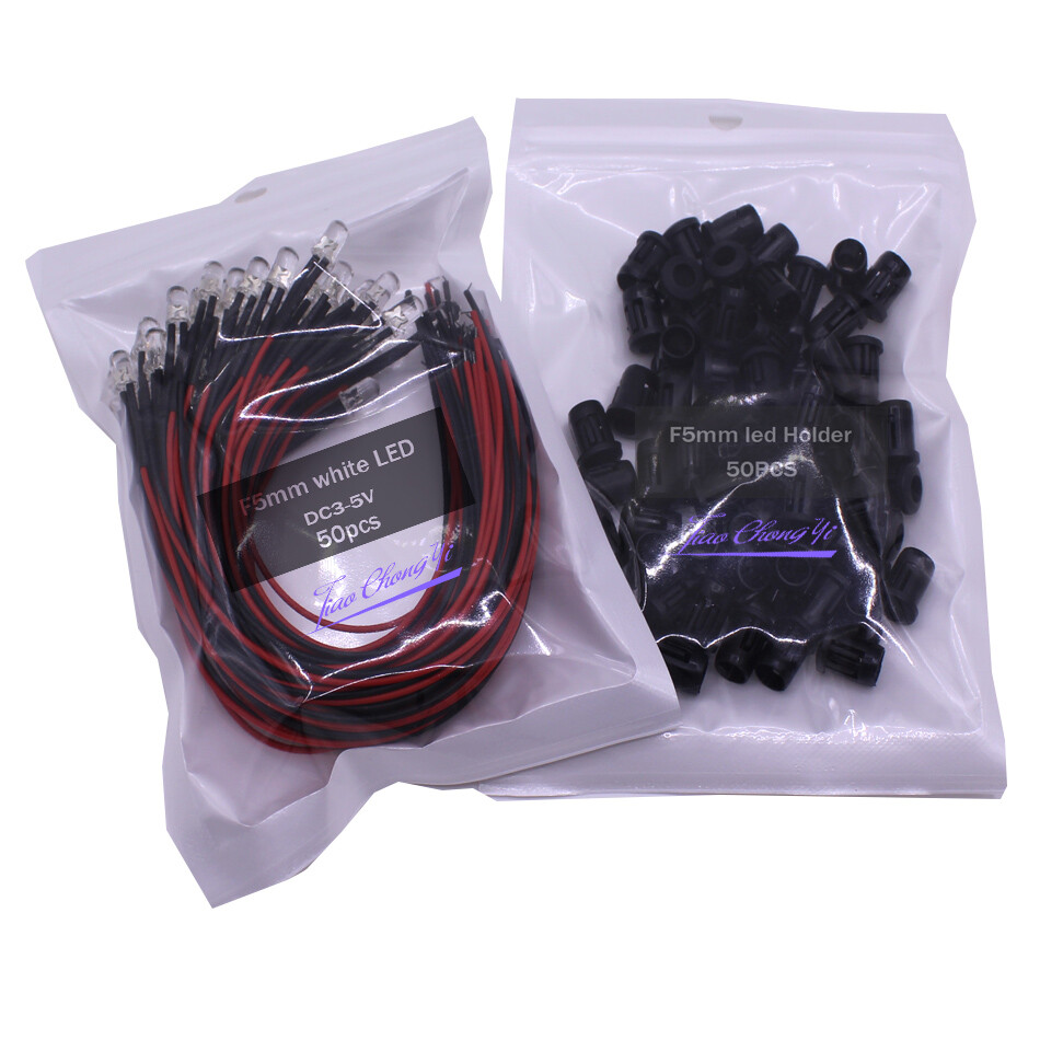 10-100PCS 5mm 3-5V LED 2PIN Round Pre-wired water Clear led with Plastic Holder