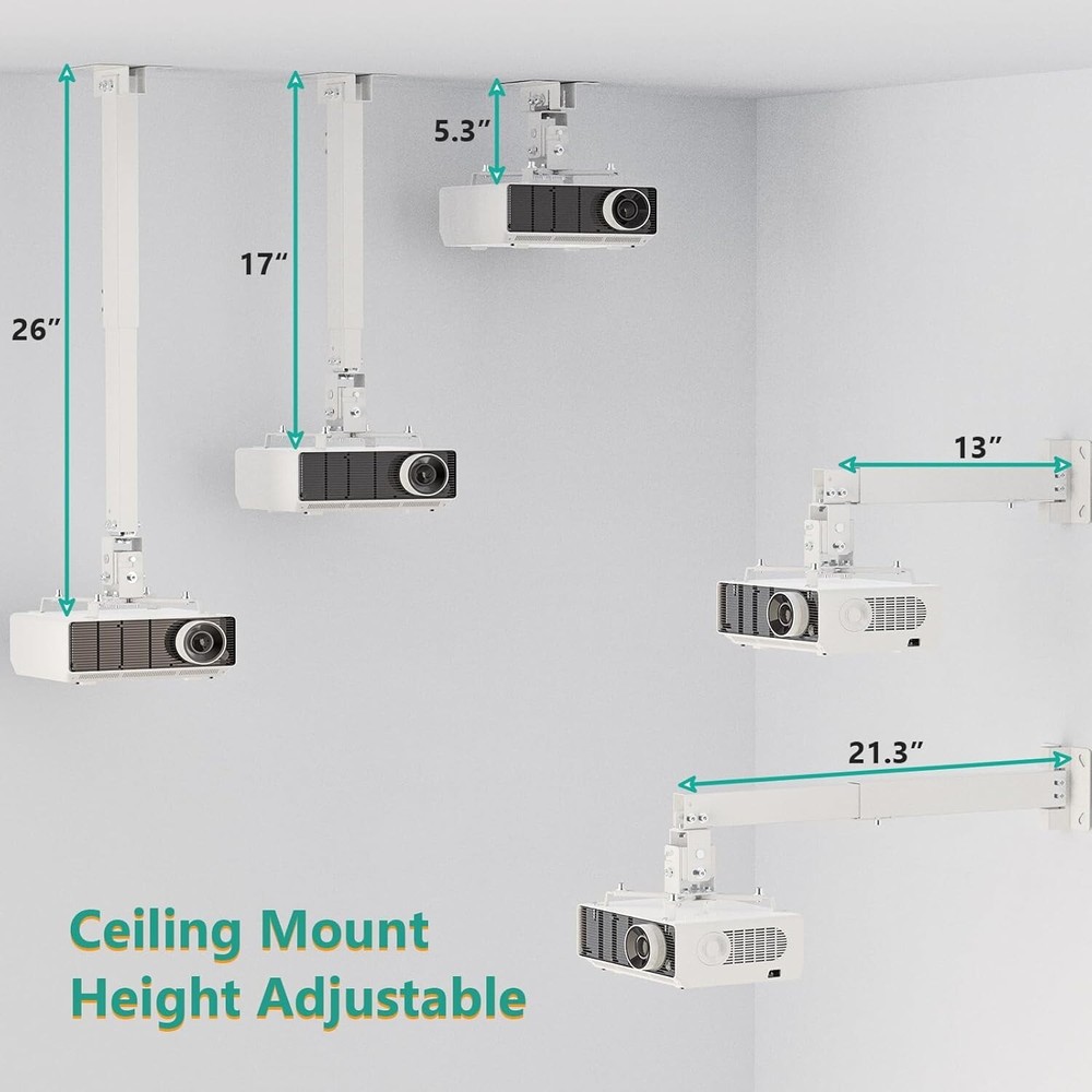 WALI Projector Mount Ceiling/Wall Universal 3-in-1 Bracket Extension Pole White