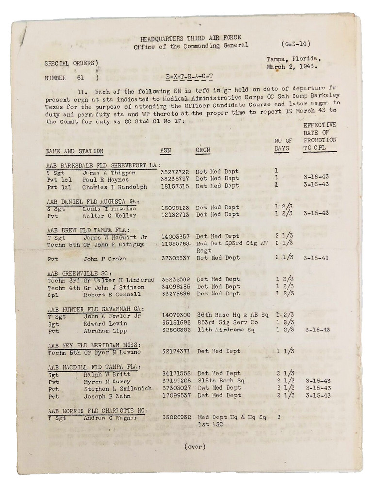 Original WWII 1943 SPECIAL ORDERS #61  HEADQUARTERS THIRD AIR FORCE Document