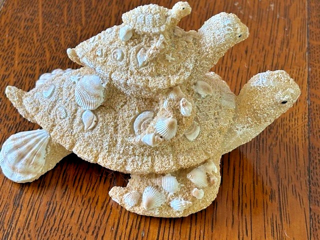 Beachy Ceramic Stacked Turtles 4” Tall seashell turtle sandy shells