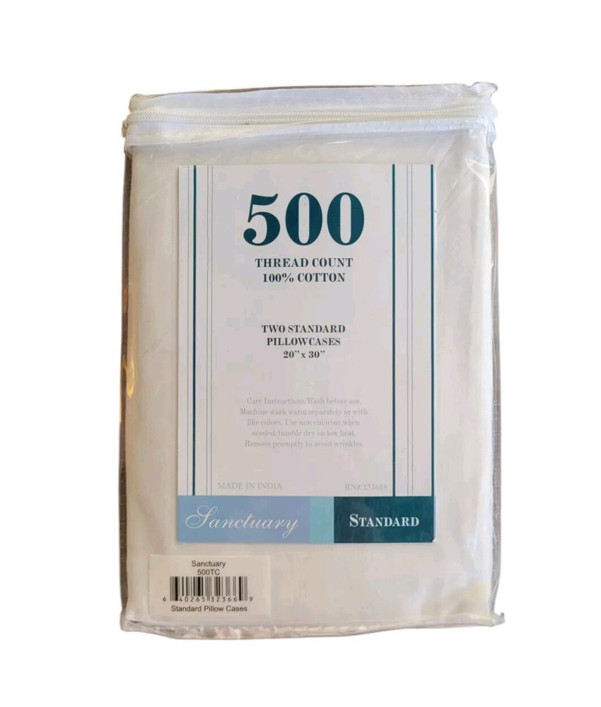 Sanctuary White 500 Thread Count Standard Pillowcase 2 Pack 20" x 30"
