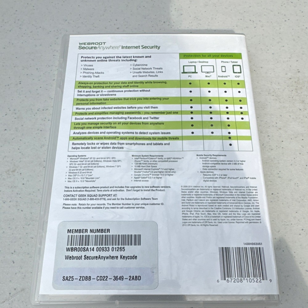 Webroot SecureAnywhere Internet Security PC Mac Android iOS 3 Devices