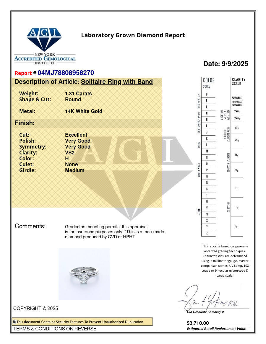 Solitaire Engagement Ring Set 14K Gold 1.31 Carat Round Lab-Grown Diamond H VS2