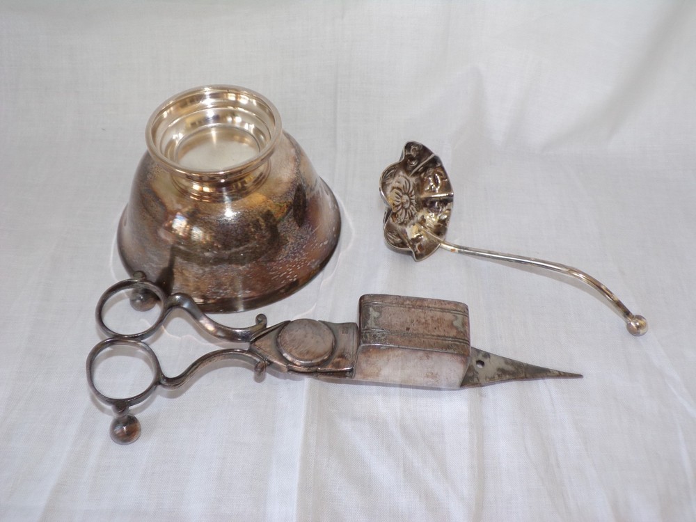 Lot Sliverplated Candle Snuffer Scissors, Small Bowl and Ladle or Spoon As Is