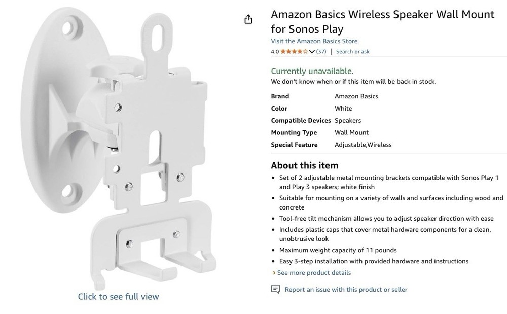 AmazonBasics Wireless Speaker Wall Mounts For Sonos Play Adjustable Play 1&3 New