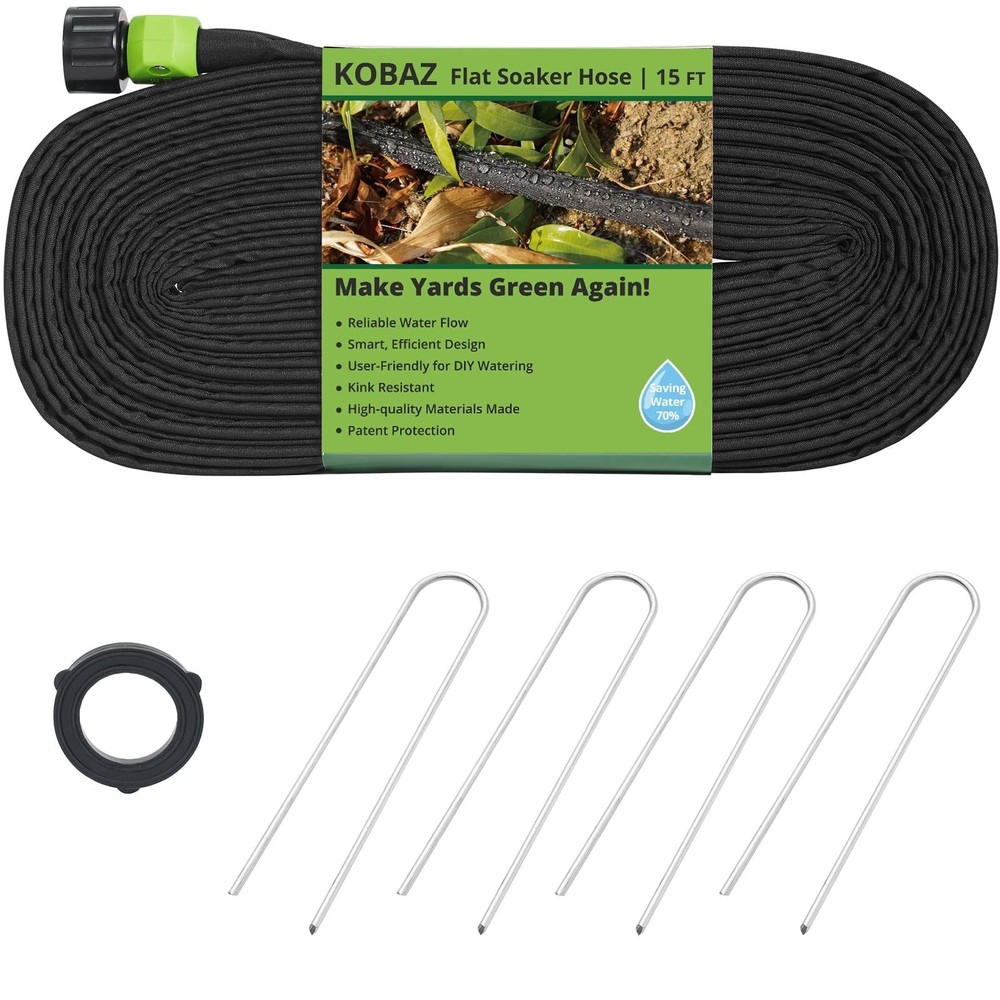 Flat Soaker Hose 15 ft Save 70% Water, Leakproof Design Double Layer Drip Spr...