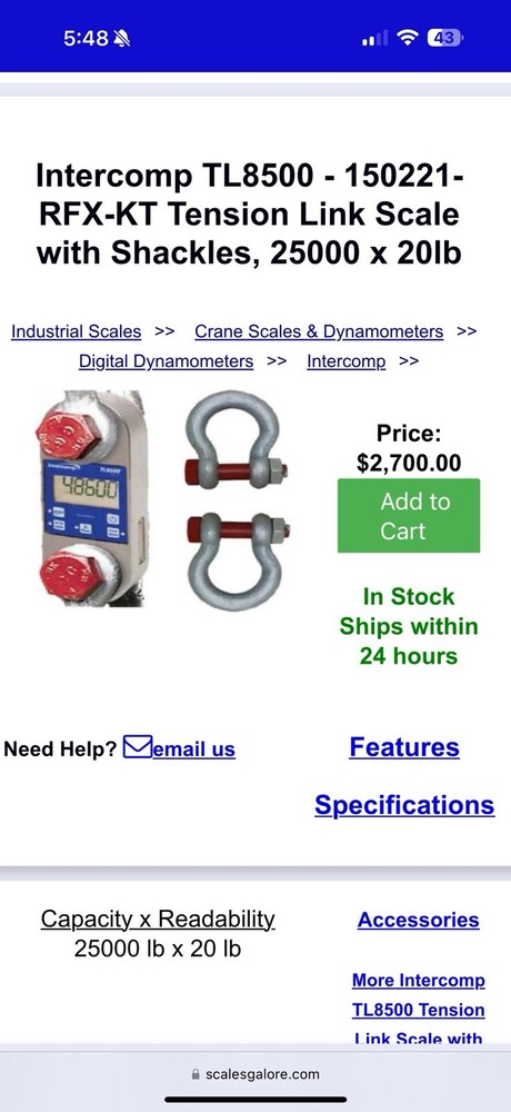 Intercomp TL6000 Dynamometer Crane Scale 25,000 X 20 LB Preowned Device Only