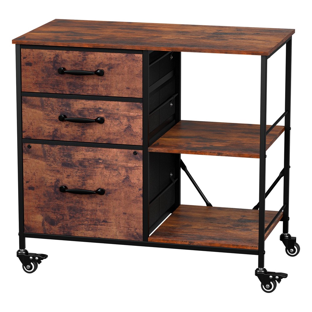 Mobile File Cabinet w/ 3 Drawers & Open Shelf Rolling Printer Stand Rustic Brown