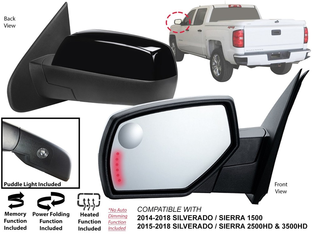 Mirror for 2014-2018 SILVERADO SIERRA Power Folding Memory Puddle Driver Side