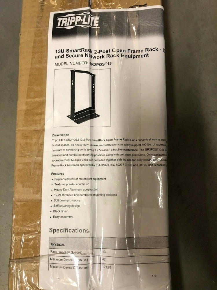 TRIPP LITE 13U 2-Post Open Frame Rack Server Cabinet Threaded Holes