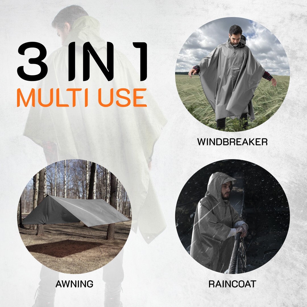 CROSSLER Hooded Rain Poncho with Pocket, for Men Women Adult, 3-in-1 Waterproof