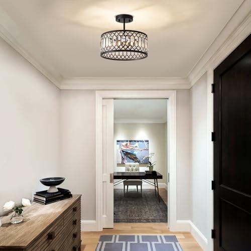 Crystal Ceiling Light, Modern Semi Flush Mount Ceiling Lighting 12.2in Black