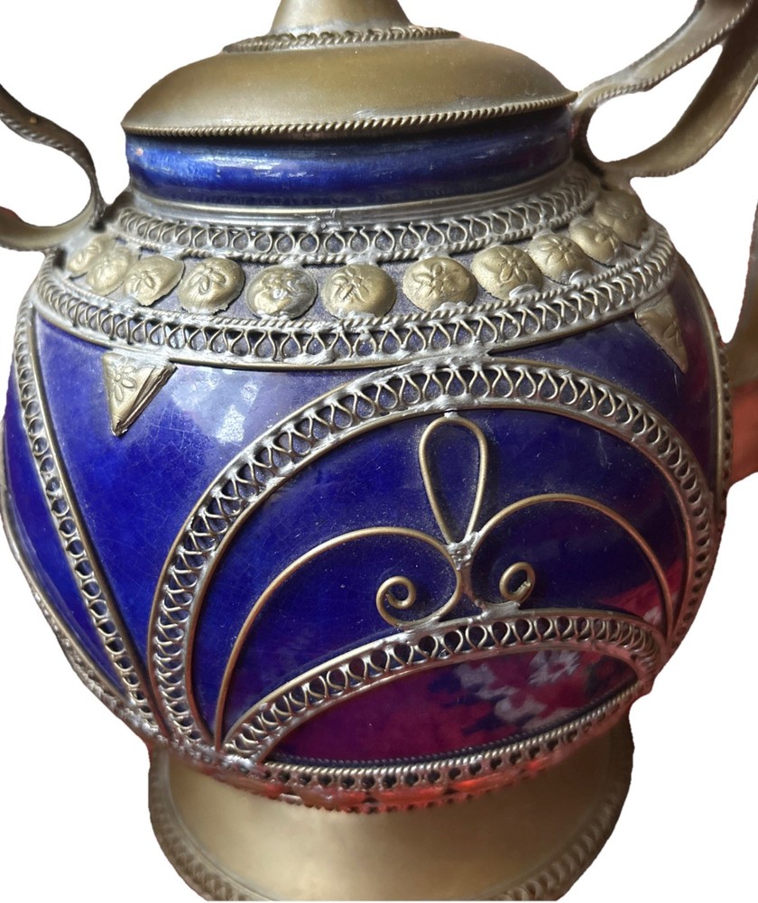 vintage Moroccan blue ceramic kettle with silver engraving