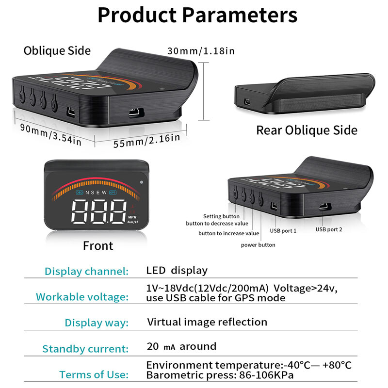 M11 Digital Speedometer Head Up Display OBD2 GPS -40℃ - +80℃ Warning Compass