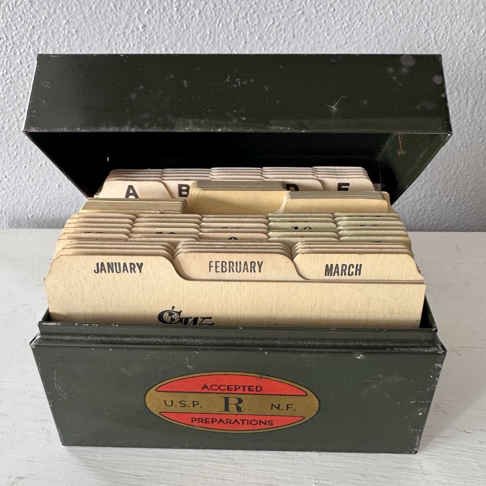 Vintage Green Metal Card File Box U.S.P. R. N.F. Accepted Preparations W Cards