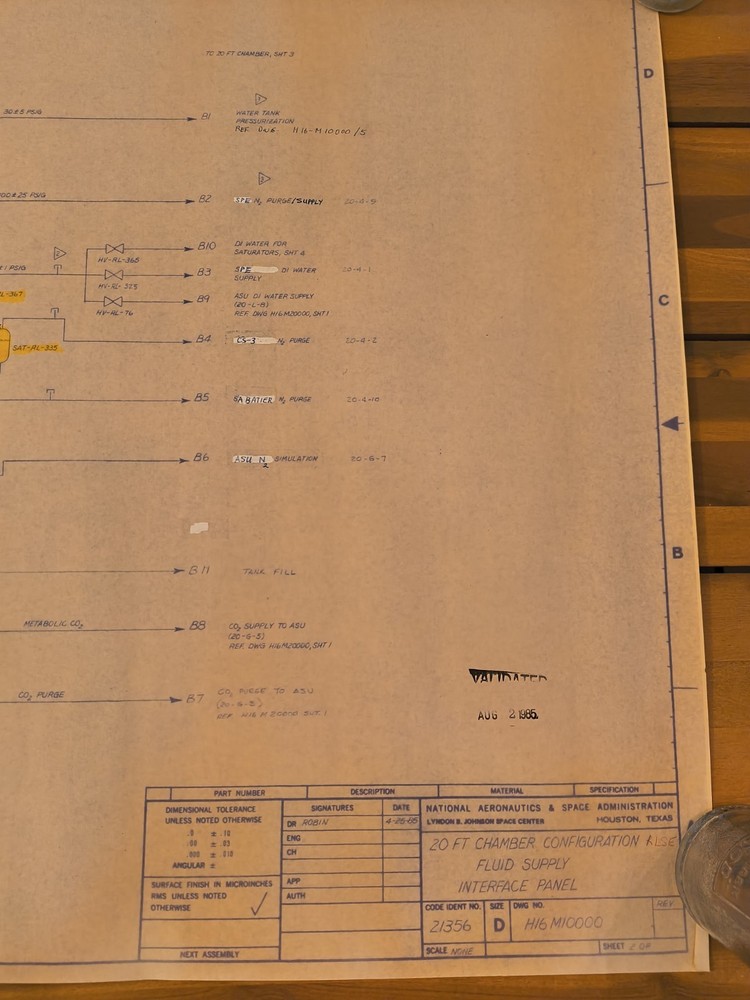 Vintage NASA Blueprint Schematic "Fluid Supply Interface Panel" 1985