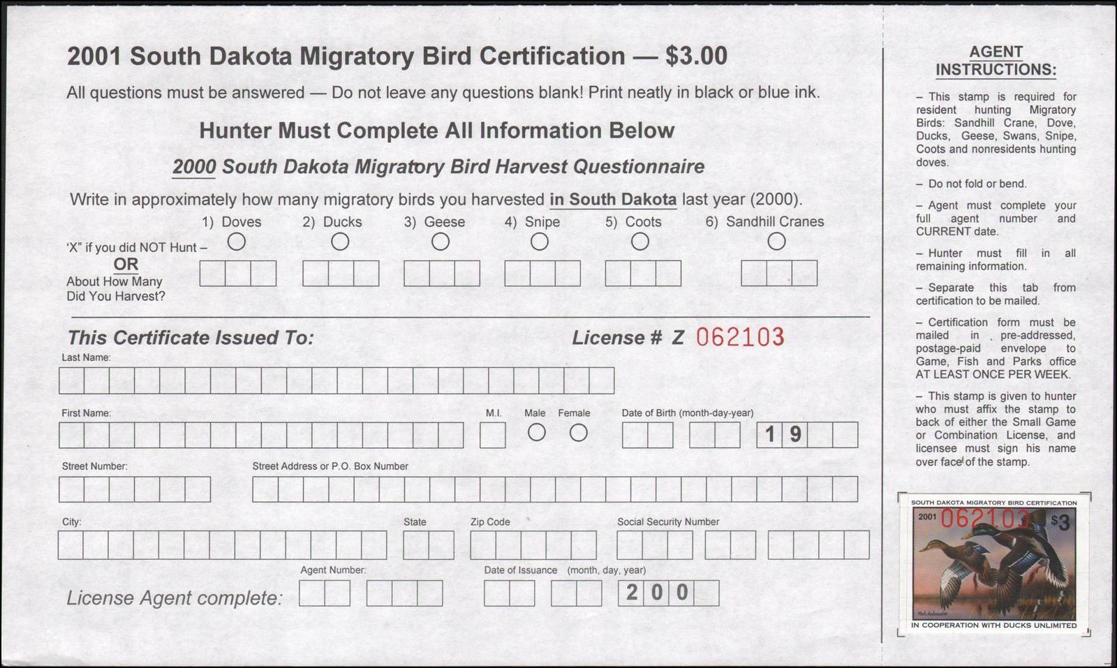 US state revenue-South Dakota MNH 2001 duck stamp with certification