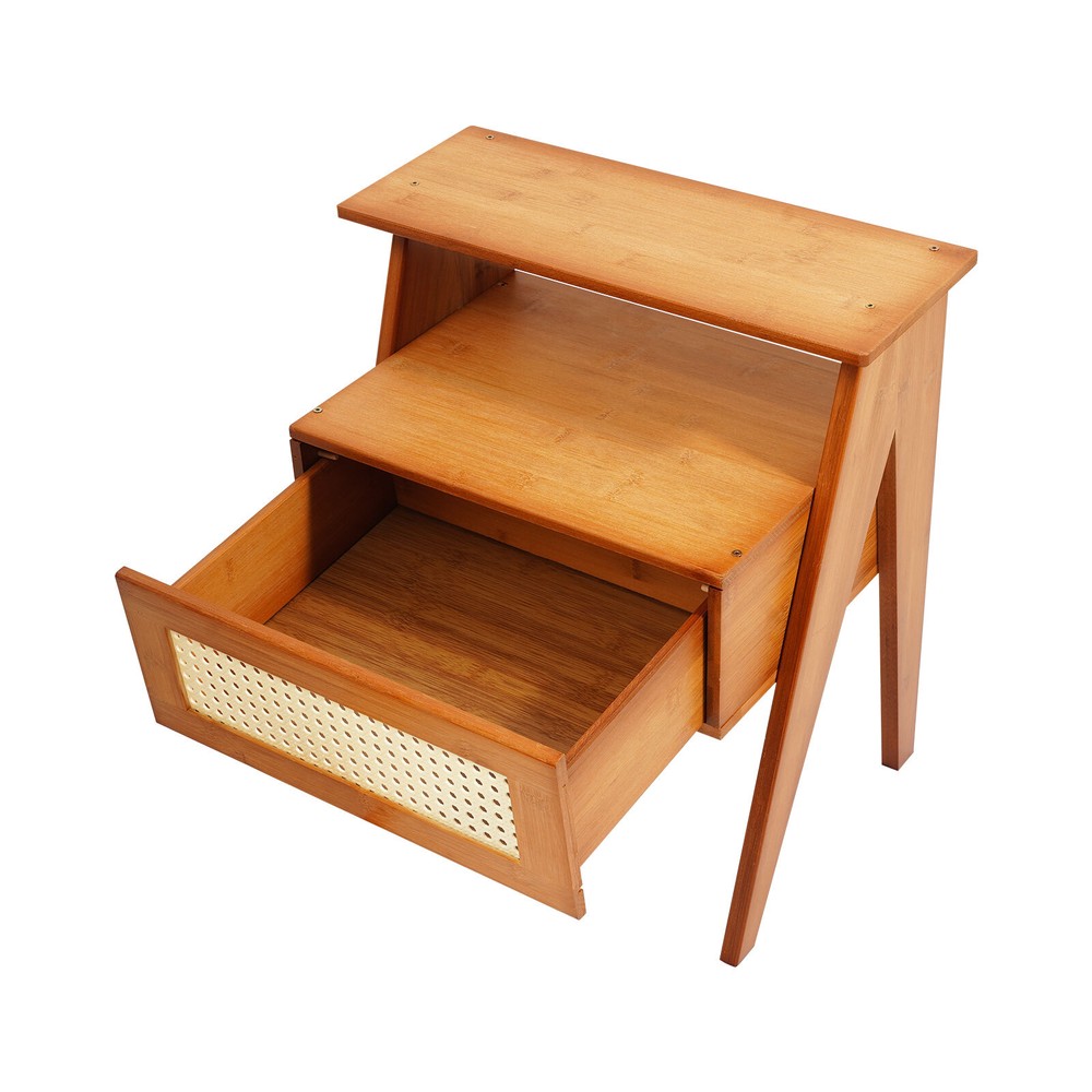 Bamboo Bedside Table, Trapezoidal Sofa Side Table, Bedside Table with Drawer