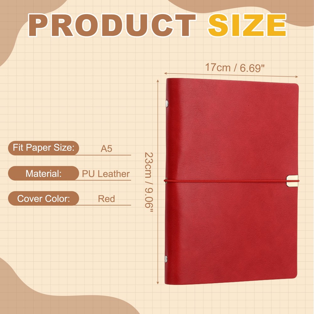 A5 Leather Binder Journal Cover, 6 Ring Elastic Closure, Red