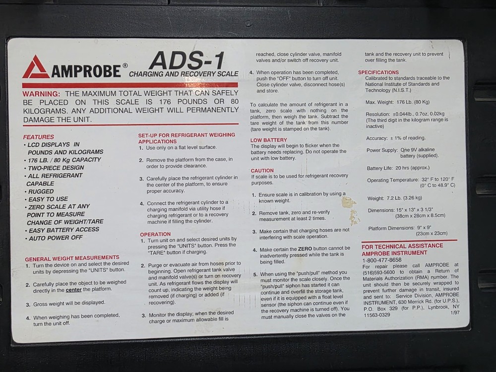 Amprobe ADS-1 Charging & Recovery Scale