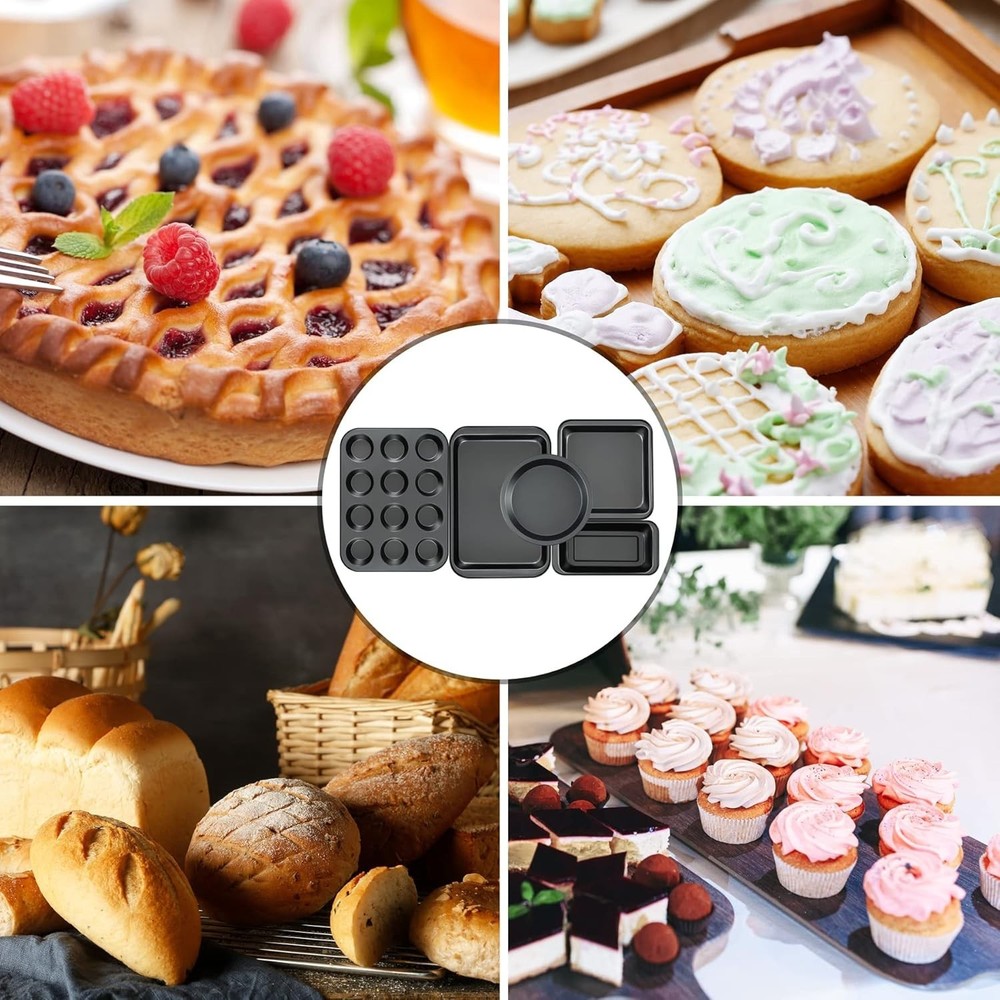 Kitchen 5-Piece Nonstick Bakeware Set - Round/Square Cake Pans, Muffin Pan, L...