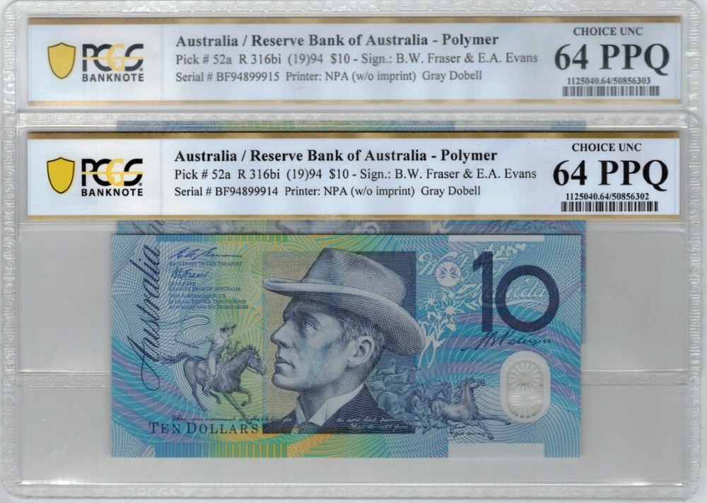 Consecutive Pair 1994 GREY DOBELL Fraser Evans $10 Notes PCGS Ch.UNC 64 PPQ #...