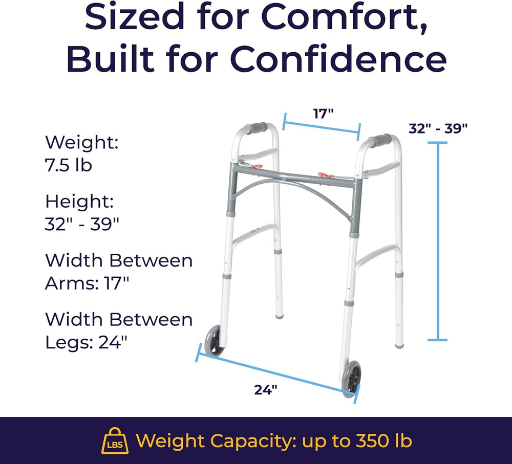 Two-Button Folding Walker with Wheels - Lightweight Rolling Mobility Support - A