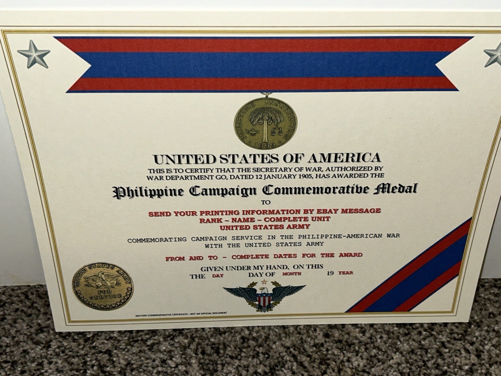 PHILIPPINE CAMPAIGN (ARMY) COMMEMORATIVE MEDAL CERTIFICATE ~ W/PRINTING TYPE-1