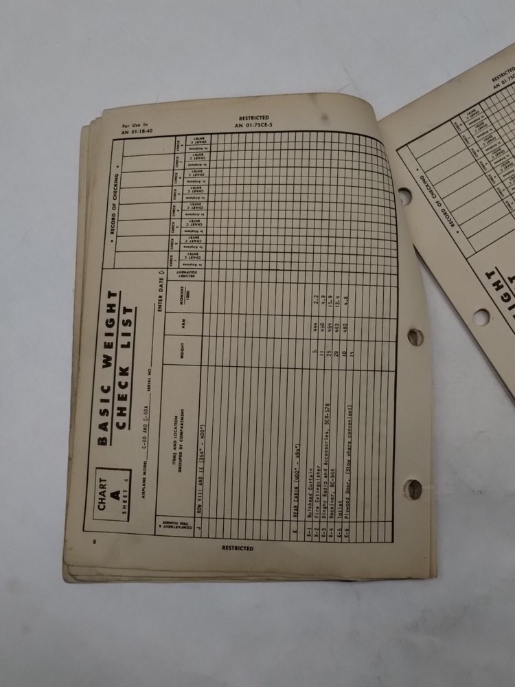 Lockheed C-60/C-60A/R50-4/5/6/ Lodestar II Basic Weight Checklist Loading Data
