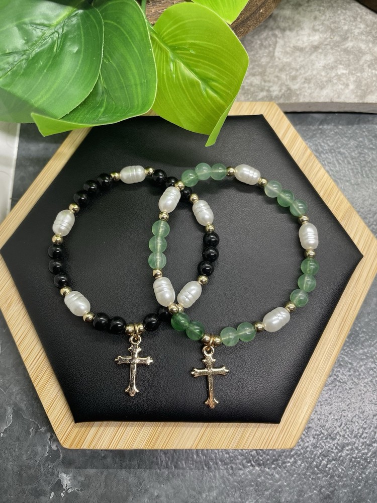 2 PC Boho Beaded Stackable 6” Plus Stretch Charm Bracelet Set Cross B5608