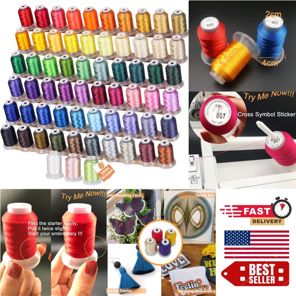 100% Polyester Embroidery Thread Set - 63 Colors, 550yd Spools with Thread Nets