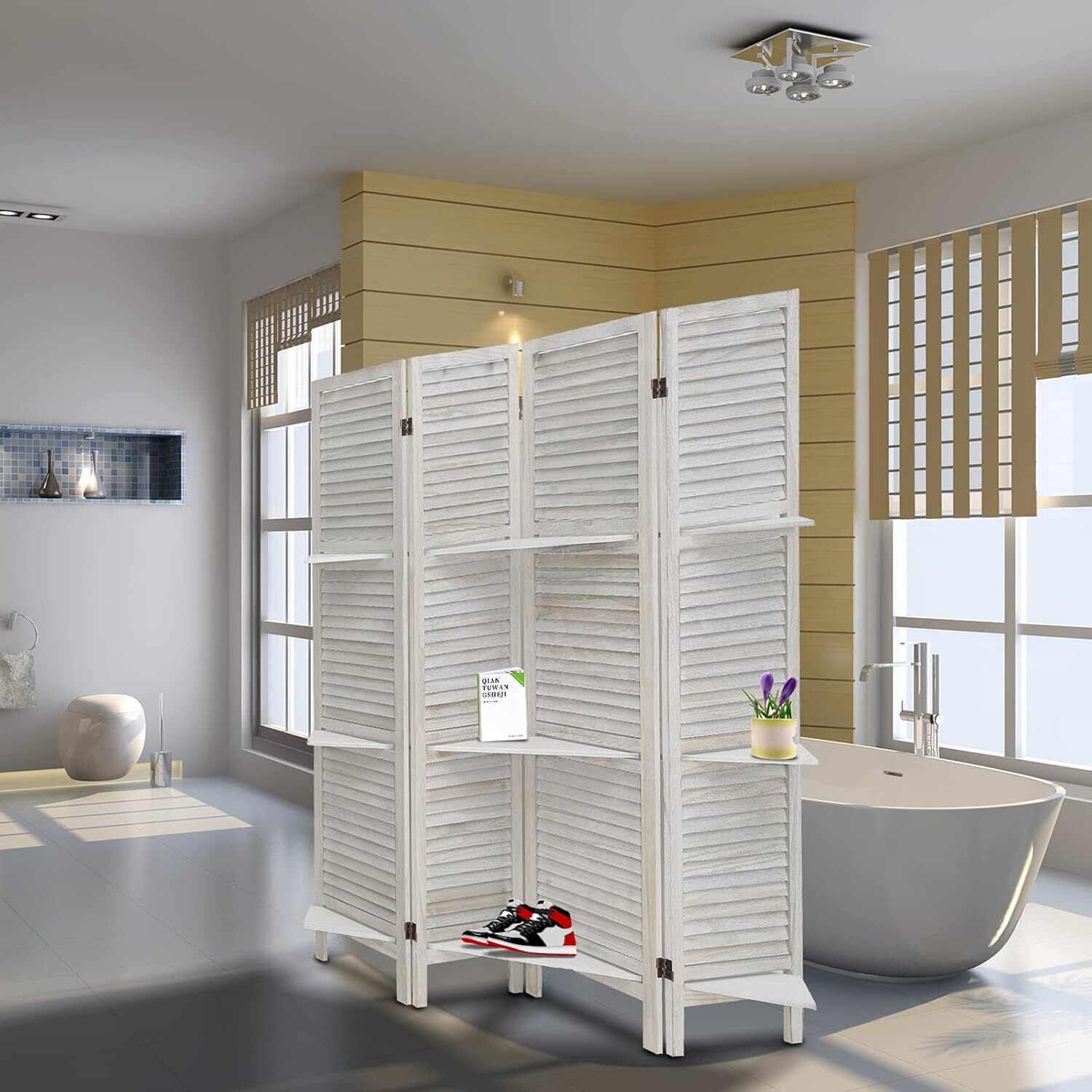 4 Panel 5.6FT Wooden Room Divider Folding Privacy Screen Partition W/ Shelves