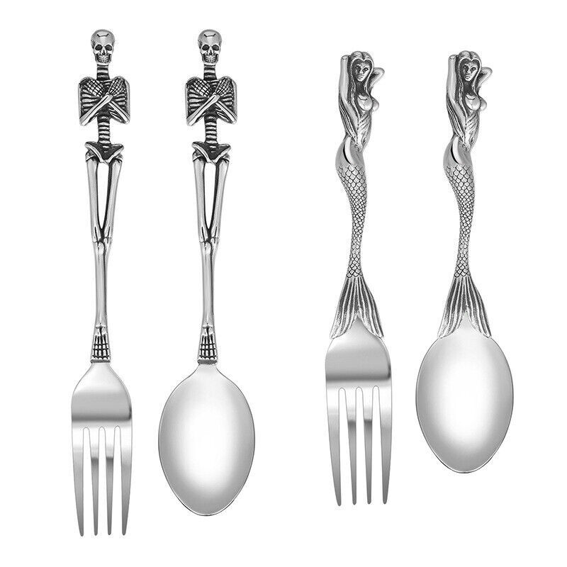 Stainless Mermaid Angel Skull Skeleton Spoon Fork Dinnerware Set Tableware Gift