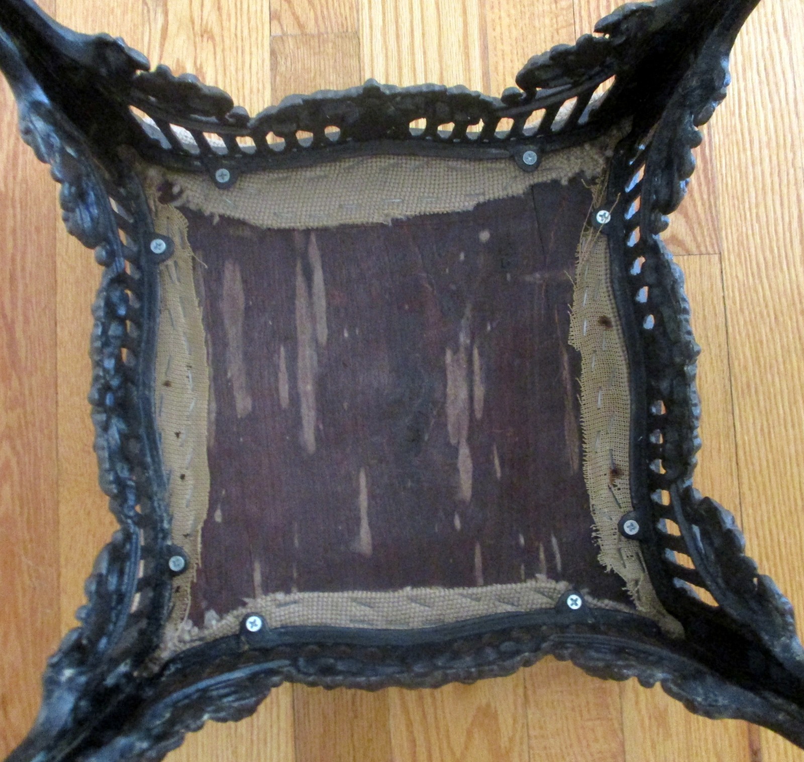 Atq Victorian Cast Iron Footstool Ottoman Ornate Rococo Base Floral Needlepoint