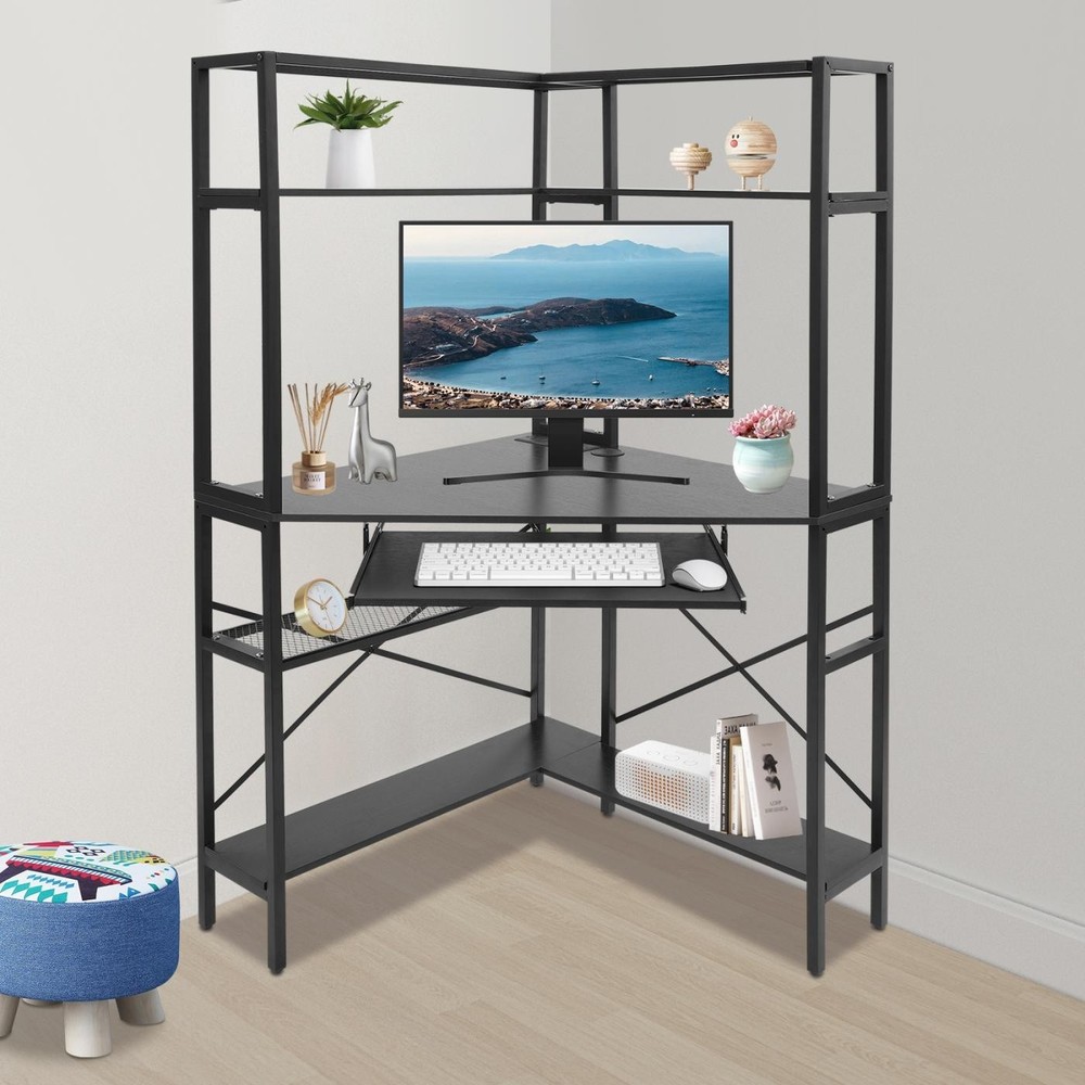 Black Corner Desk, Corner Computer Desk with Power Outlets, Home Computer Desk