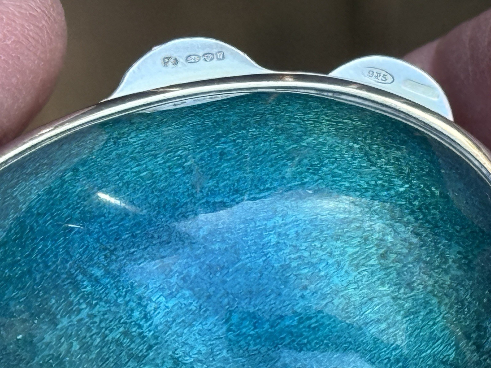 Antique Hallmarked Turquoise Enameled Sterling Silver Egg Trinket Box