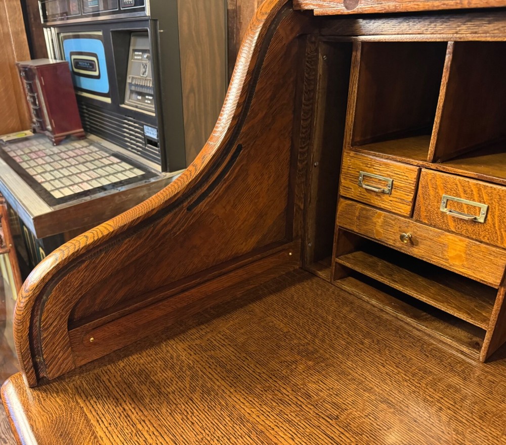 Antique Oak 50" Raised Panel S-Roll Top Desk with Carved Pulls