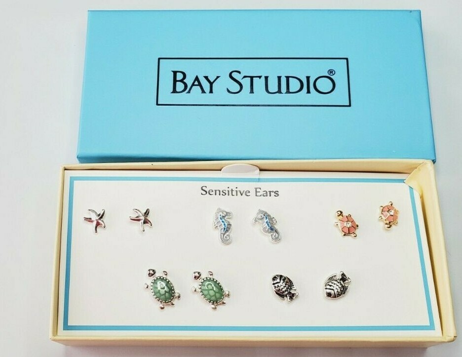 Bay Studio Stud Back Earrings 5 Pair Sensitive Ears Seahorse Starfish Turtles