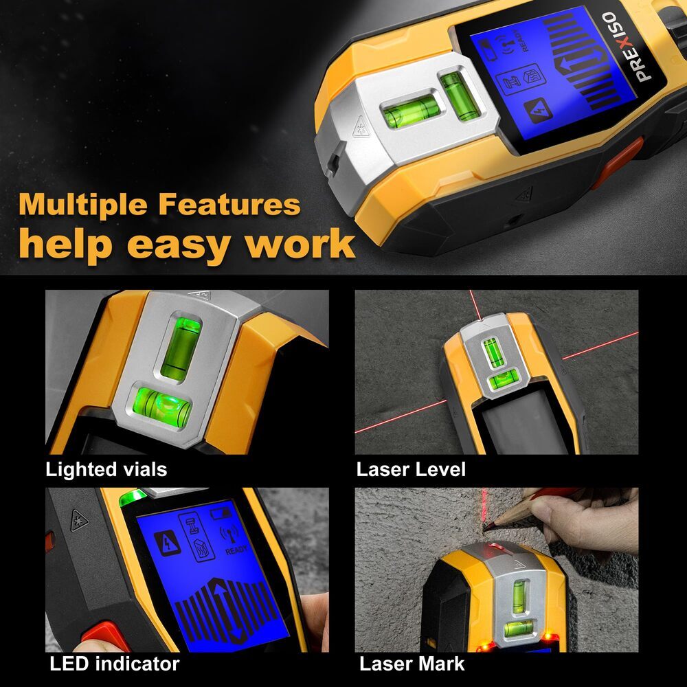 PREXISO 2-in-1 Stud Finders Rechargeable Multi Surface Cross Line Laser Scanners
