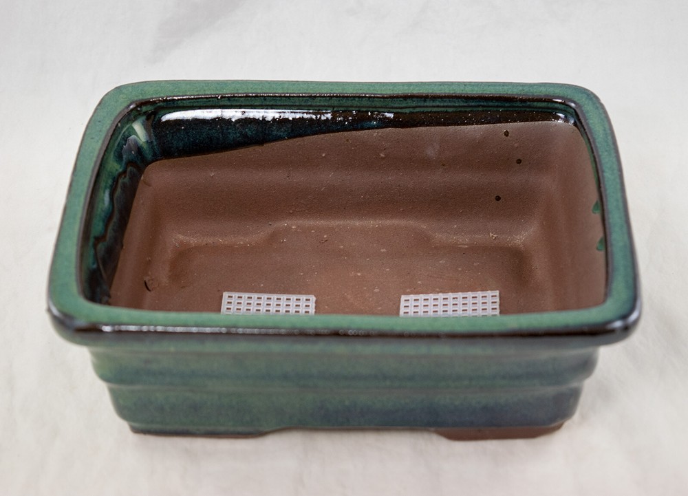 Rectangular Glazed Bonsai & Succulent Pot + Mesh 8"x 6"x 2.75" - Green Glazed
