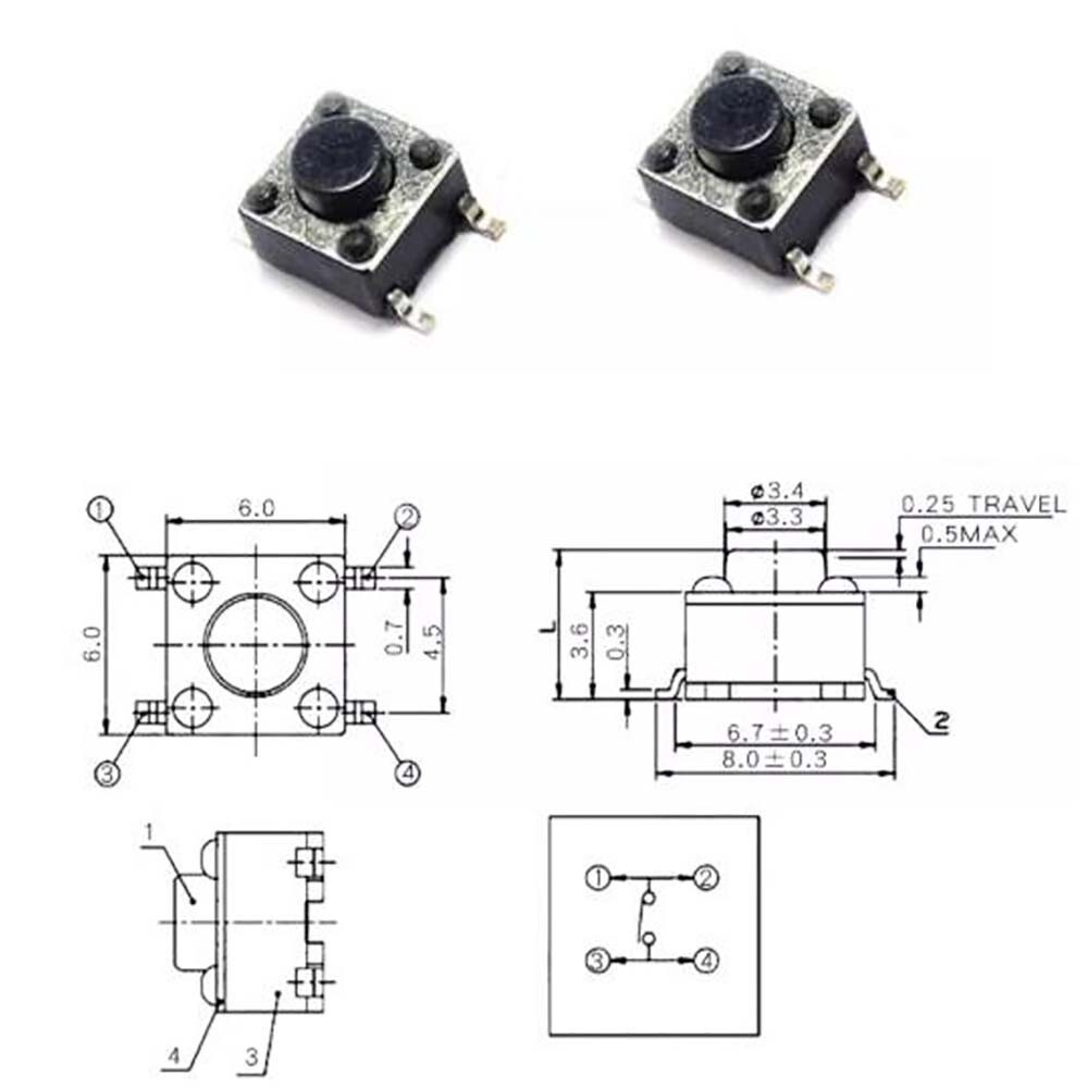 6×6×5mm Micro Tact Switch SMD Copper Tactile Push Button Circuit Board 4Pin