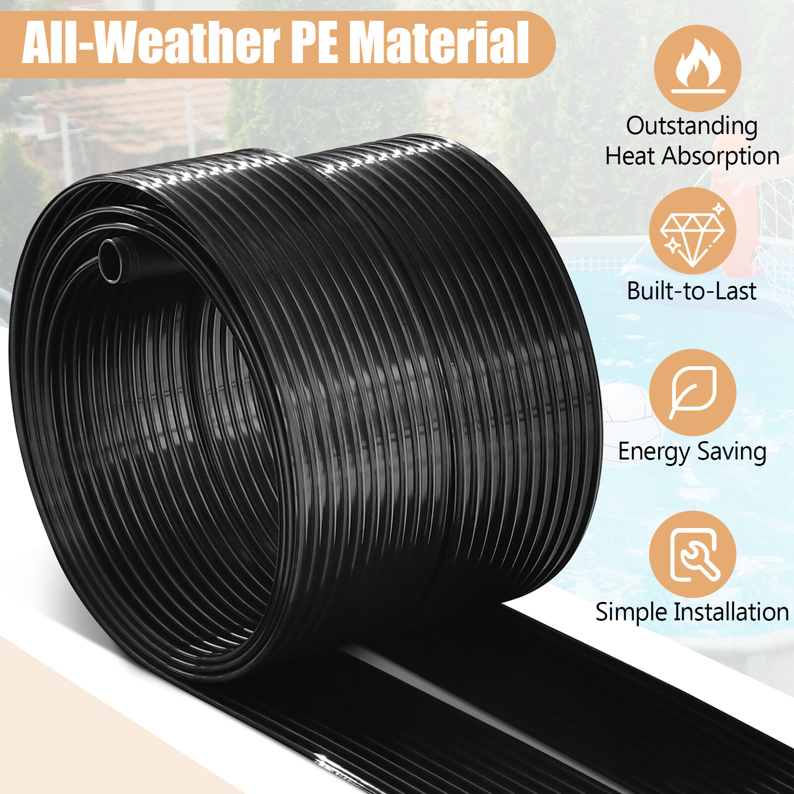 2.5'x16.5' PE Solar Pool Heater Panel Weatherproof Swimming Pool Heating System