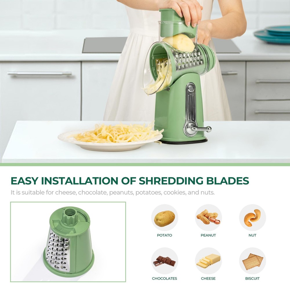 SUSTEAS Rotary Cheese Grater with Handle - Vegetable Shredder Medium, Green